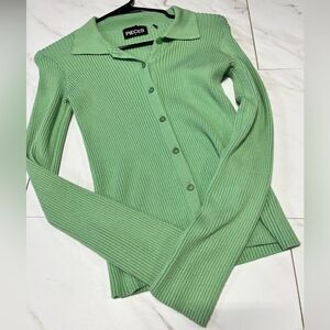 Pieces Monalisa Knit long sleeve polo ribbed fitted button down top size M